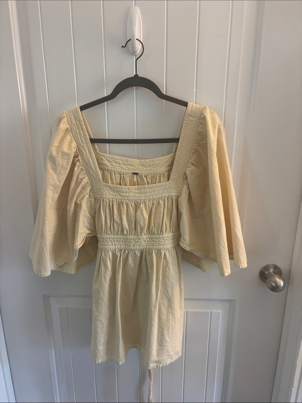 Free People Square-Neck Smocked Peasant Top in Pale Yellow
